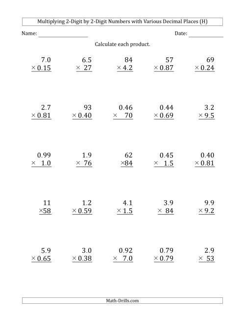 The Multiplying 2-Digit by 2-Digit Numbers with Various Decimal Places (H) Math Worksheet