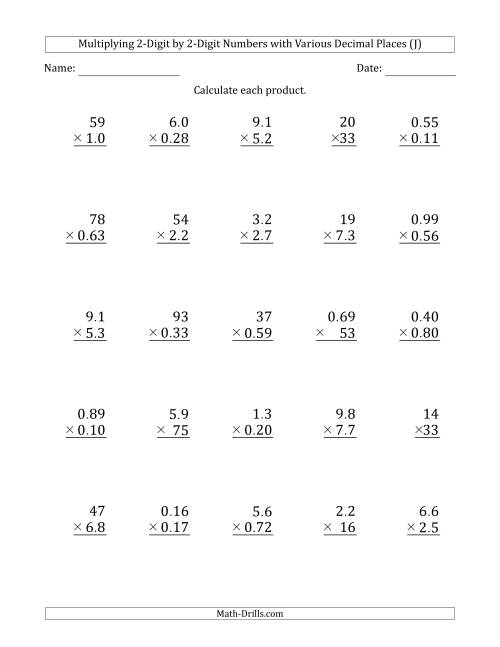 The Multiplying 2-Digit by 2-Digit Numbers with Various Decimal Places (J) Math Worksheet