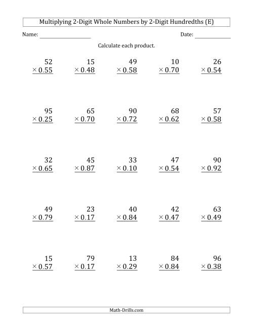 The Multiplying 2-Digit Whole Numbers by 2-Digit Hundredths (E) Math Worksheet