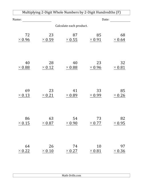 The Multiplying 2-Digit Whole Numbers by 2-Digit Hundredths (F) Math Worksheet