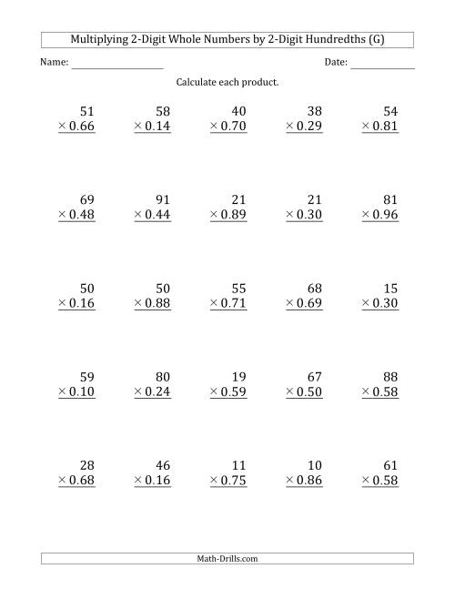 The Multiplying 2-Digit Whole Numbers by 2-Digit Hundredths (G) Math Worksheet