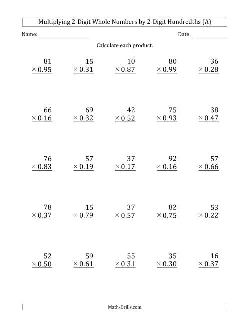 The Multiplying 2-Digit Whole Numbers by 2-Digit Hundredths (All) Math Worksheet