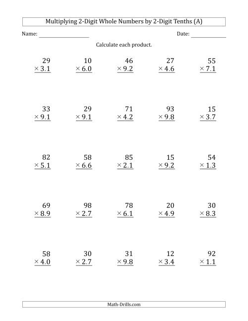 The Multiplying 2-Digit Whole Numbers by 2-Digit Tenths (A) Math Worksheet