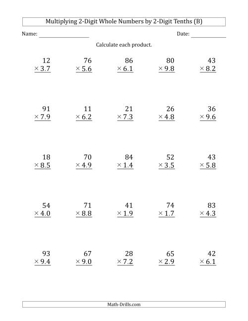 The Multiplying 2-Digit Whole Numbers by 2-Digit Tenths (B) Math Worksheet