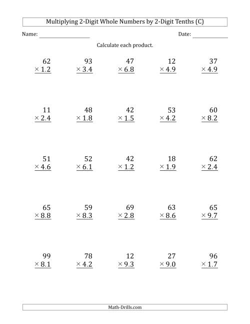 The Multiplying 2-Digit Whole Numbers by 2-Digit Tenths (C) Math Worksheet