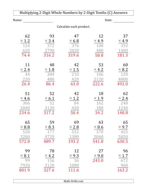 The Multiplying 2-Digit Whole Numbers by 2-Digit Tenths (C) Math Worksheet Page 2
