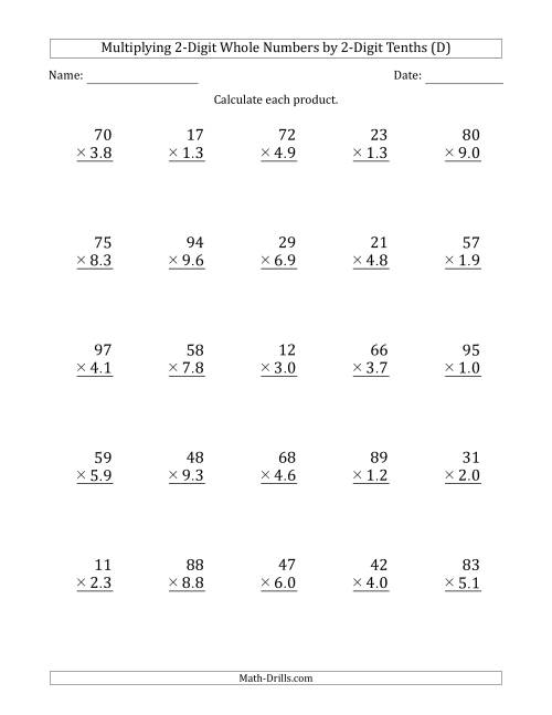 The Multiplying 2-Digit Whole Numbers by 2-Digit Tenths (D) Math Worksheet