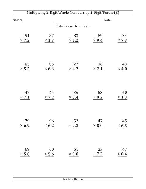 The Multiplying 2-Digit Whole Numbers by 2-Digit Tenths (E) Math Worksheet