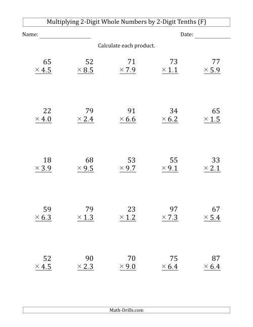 The Multiplying 2-Digit Whole Numbers by 2-Digit Tenths (F) Math Worksheet