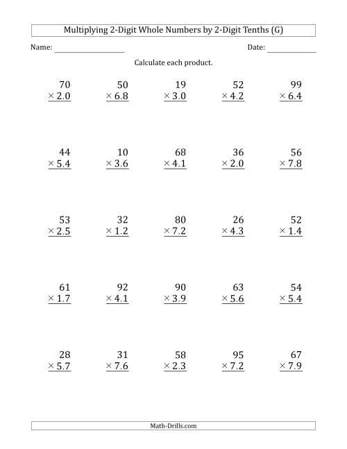 The Multiplying 2-Digit Whole Numbers by 2-Digit Tenths (G) Math Worksheet