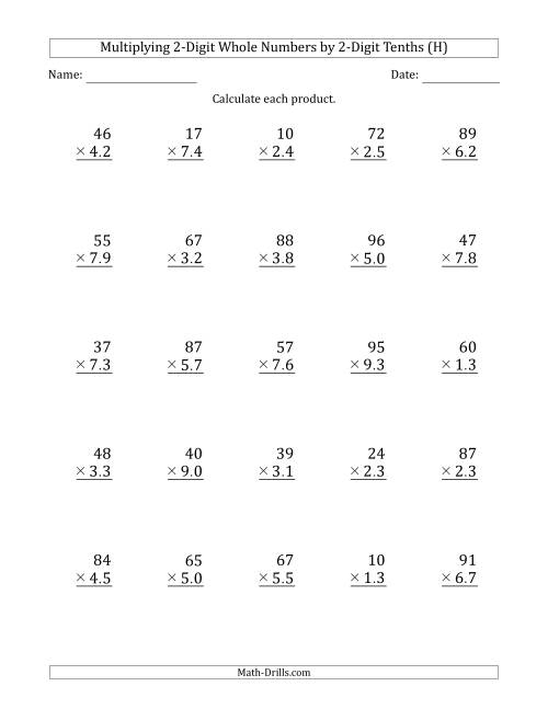 The Multiplying 2-Digit Whole Numbers by 2-Digit Tenths (H) Math Worksheet