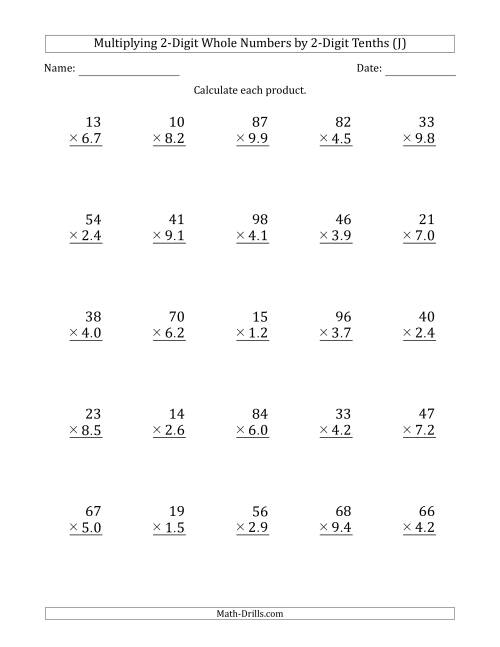 The Multiplying 2-Digit Whole Numbers by 2-Digit Tenths (J) Math Worksheet