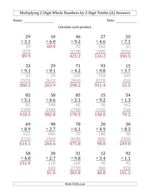 The Multiplying 2-Digit Whole Numbers by 2-Digit Tenths (All) Math Worksheet Page 2