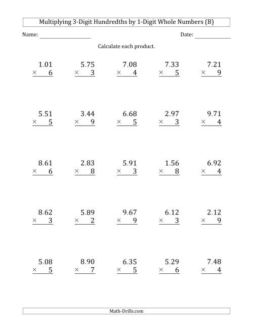 The Multiplying 3-Digit Hundredths by 1-Digit Whole Numbers (B) Math Worksheet