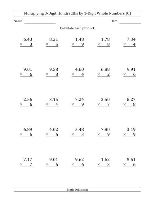 The Multiplying 3-Digit Hundredths by 1-Digit Whole Numbers (C) Math Worksheet