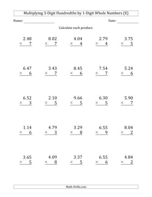 The Multiplying 3-Digit Hundredths by 1-Digit Whole Numbers (E) Math Worksheet