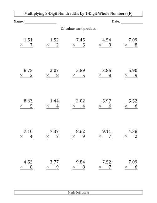 The Multiplying 3-Digit Hundredths by 1-Digit Whole Numbers (F) Math Worksheet