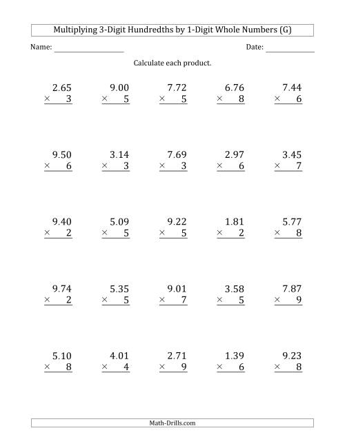 The Multiplying 3-Digit Hundredths by 1-Digit Whole Numbers (G) Math Worksheet