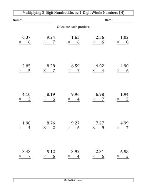 The Multiplying 3-Digit Hundredths by 1-Digit Whole Numbers (H) Math Worksheet