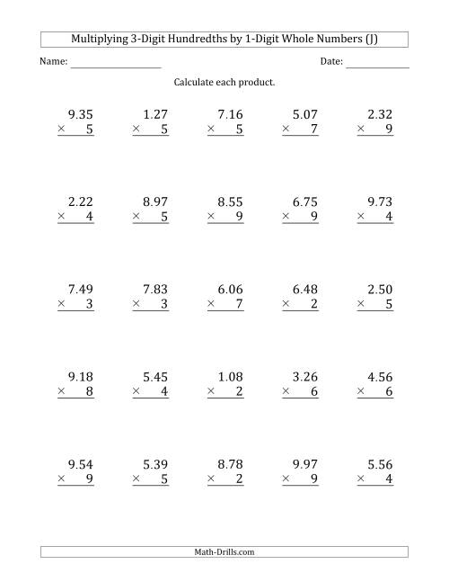 The Multiplying 3-Digit Hundredths by 1-Digit Whole Numbers (J) Math Worksheet