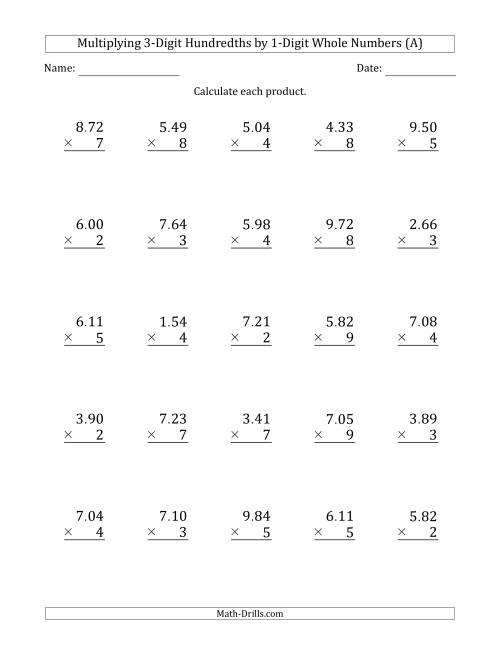The Multiplying 3-Digit Hundredths by 1-Digit Whole Numbers (All) Math Worksheet