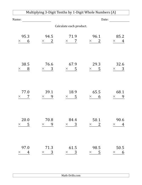 The Multiplying 3-Digit Tenths by 1-Digit Whole Numbers (A) Math Worksheet