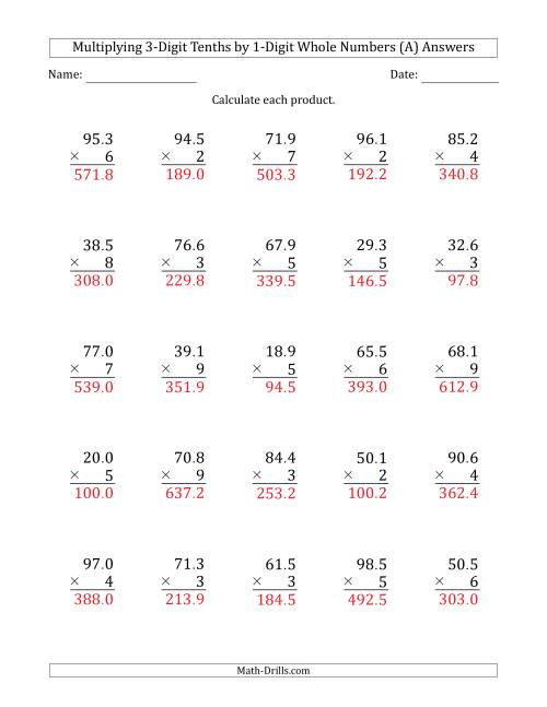 The Multiplying 3-Digit Tenths by 1-Digit Whole Numbers (A) Math Worksheet Page 2