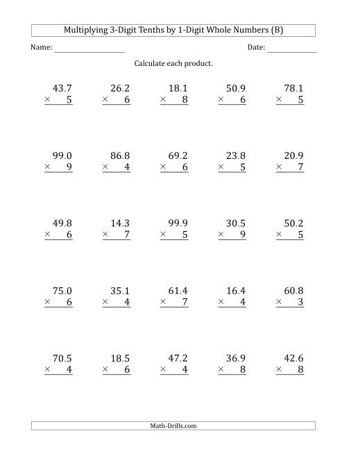 The Multiplying 3-Digit Tenths by 1-Digit Whole Numbers (B) Math Worksheet