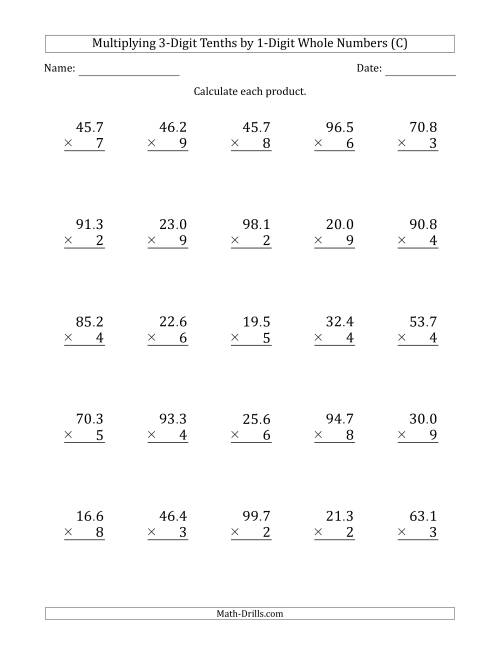 The Multiplying 3-Digit Tenths by 1-Digit Whole Numbers (C) Math Worksheet