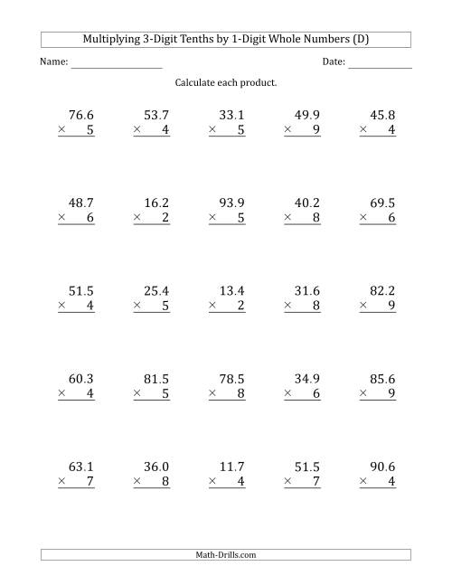 The Multiplying 3-Digit Tenths by 1-Digit Whole Numbers (D) Math Worksheet