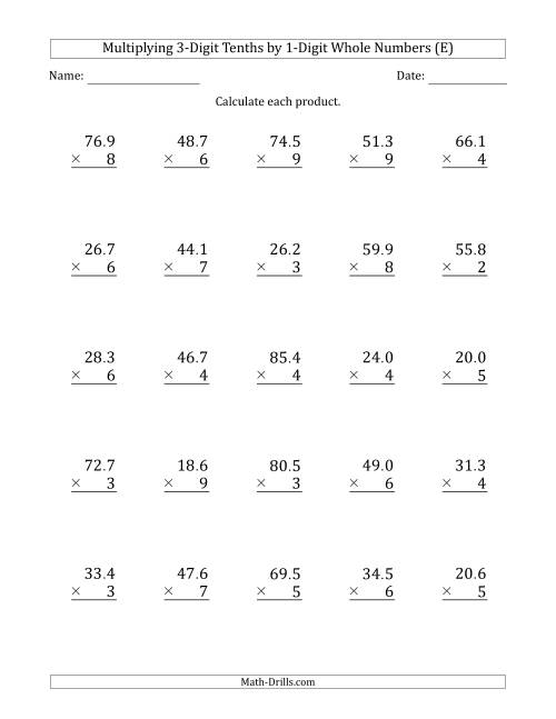 The Multiplying 3-Digit Tenths by 1-Digit Whole Numbers (E) Math Worksheet