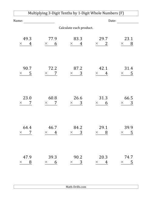 The Multiplying 3-Digit Tenths by 1-Digit Whole Numbers (F) Math Worksheet