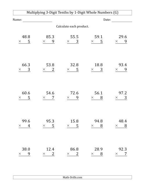 The Multiplying 3-Digit Tenths by 1-Digit Whole Numbers (G) Math Worksheet