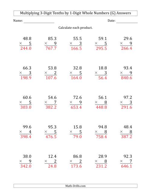 The Multiplying 3-Digit Tenths by 1-Digit Whole Numbers (G) Math Worksheet Page 2