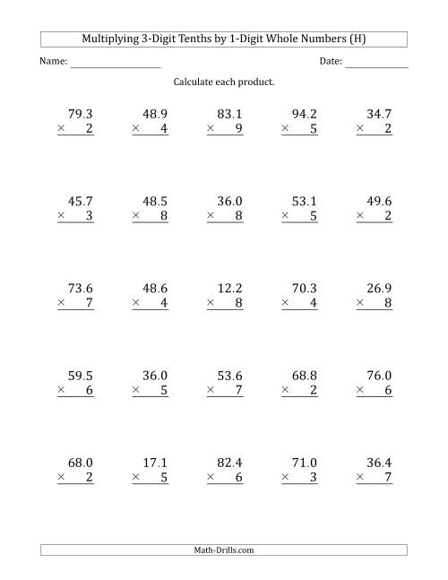 The Multiplying 3-Digit Tenths by 1-Digit Whole Numbers (H) Math Worksheet