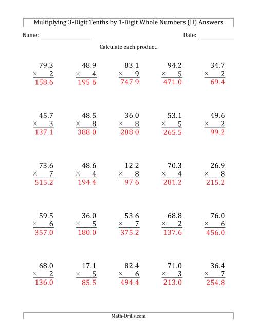 The Multiplying 3-Digit Tenths by 1-Digit Whole Numbers (H) Math Worksheet Page 2