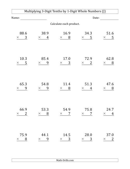 The Multiplying 3-Digit Tenths by 1-Digit Whole Numbers (J) Math Worksheet