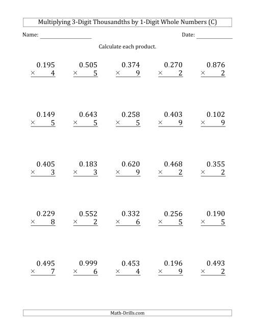The Multiplying 3-Digit Thousandths by 1-Digit Whole Numbers (C) Math Worksheet