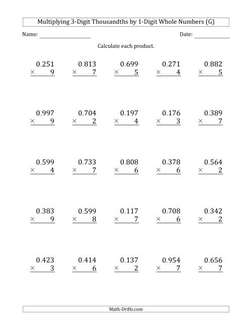 The Multiplying 3-Digit Thousandths by 1-Digit Whole Numbers (G) Math Worksheet