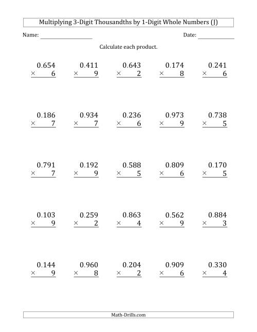 The Multiplying 3-Digit Thousandths by 1-Digit Whole Numbers (J) Math Worksheet