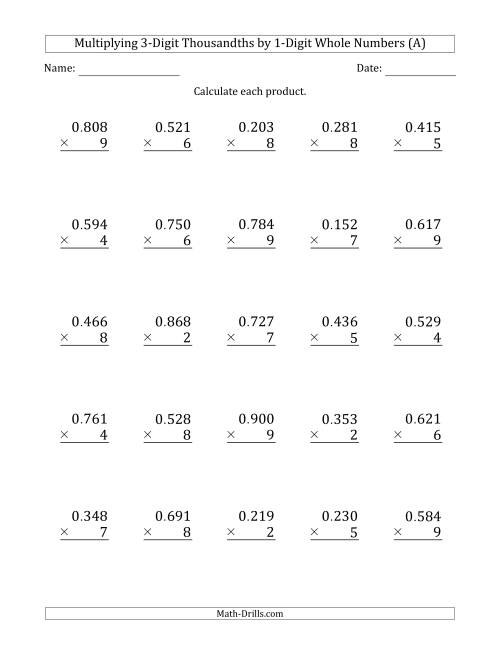 The Multiplying 3-Digit Thousandths by 1-Digit Whole Numbers (All) Math Worksheet