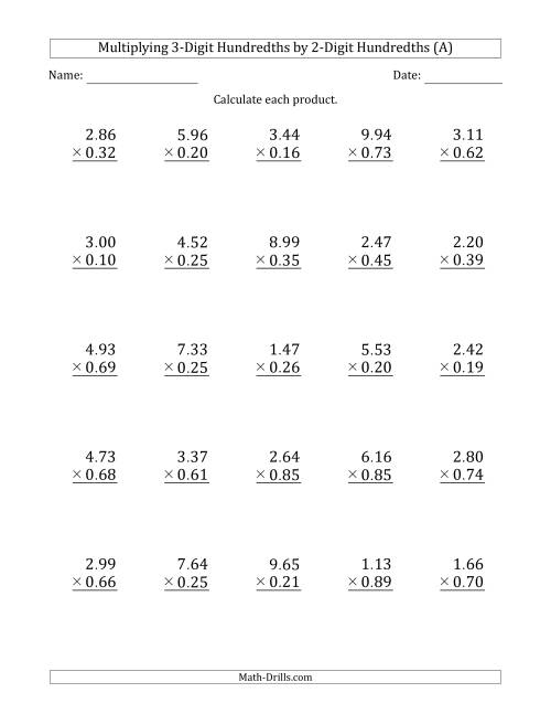 The Multiplying 3-Digit Hundredths by 2-Digit Hundredths (A) Math Worksheet
