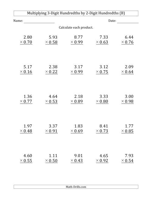 The Multiplying 3-Digit Hundredths by 2-Digit Hundredths (B) Math Worksheet