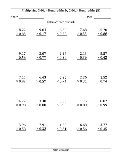 The Multiplying 3-Digit Hundredths by 2-Digit Hundredths (E) Math Worksheet
