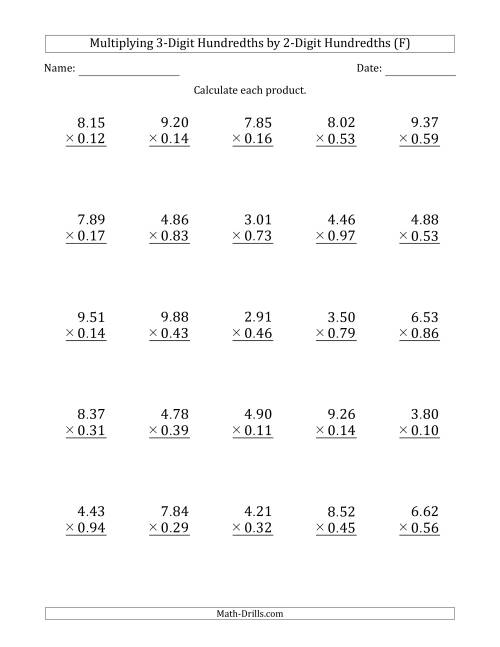 The Multiplying 3-Digit Hundredths by 2-Digit Hundredths (F) Math Worksheet