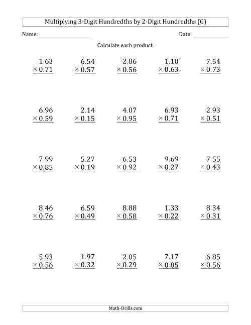 The Multiplying 3-Digit Hundredths by 2-Digit Hundredths (G) Math Worksheet
