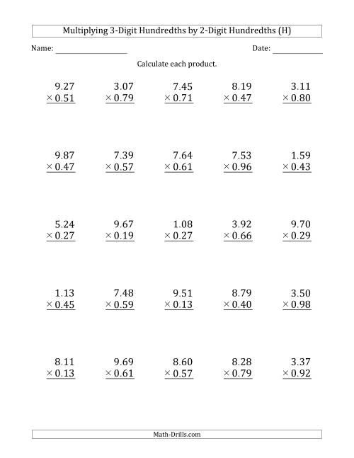 The Multiplying 3-Digit Hundredths by 2-Digit Hundredths (H) Math Worksheet