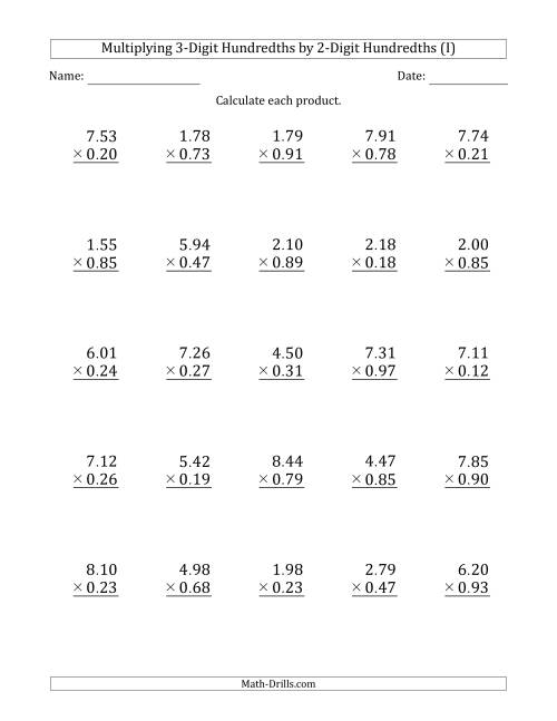 The Multiplying 3-Digit Hundredths by 2-Digit Hundredths (I) Math Worksheet