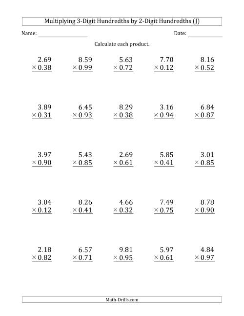 The Multiplying 3-Digit Hundredths by 2-Digit Hundredths (J) Math Worksheet