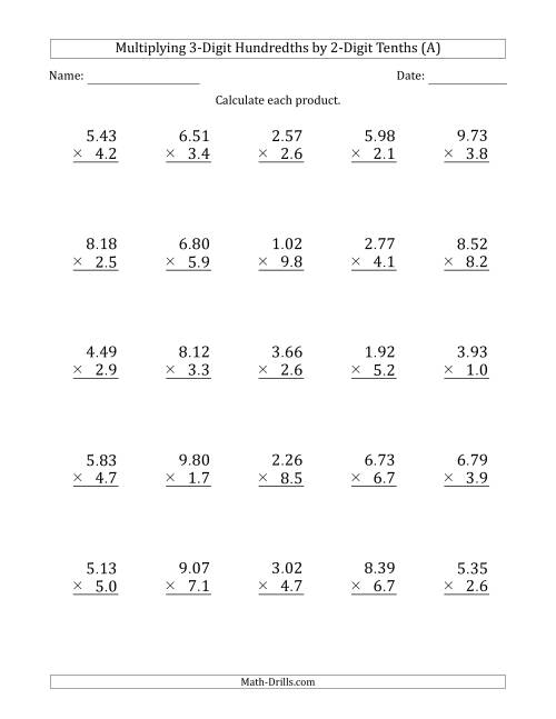 The Multiplying 3-Digit Hundredths by 2-Digit Tenths (A) Math Worksheet